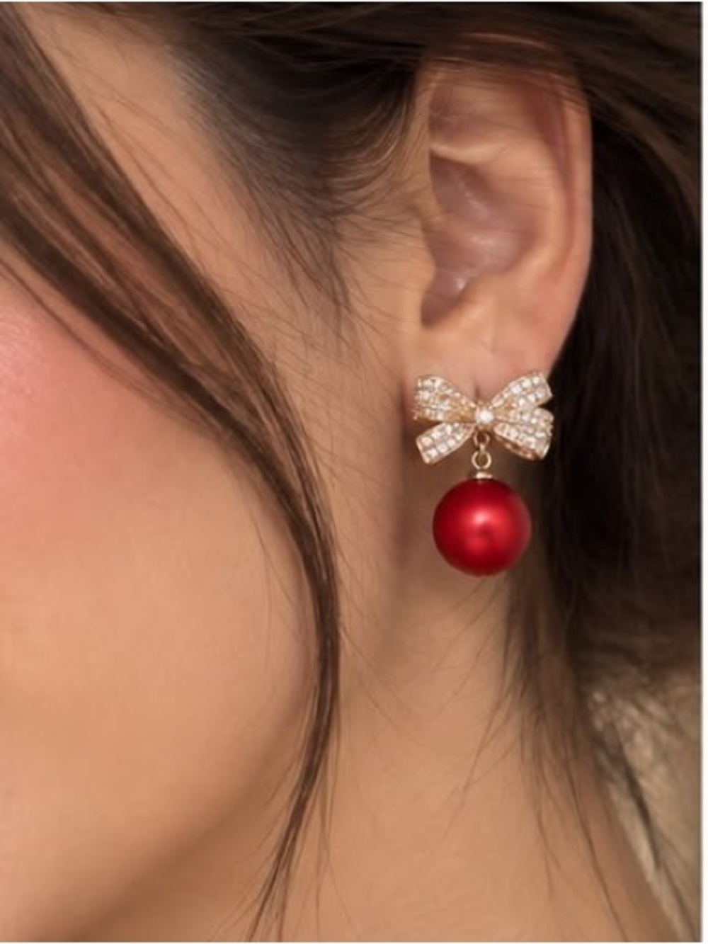 Gold Bow Drop Earrings with Red Pearl Spheres